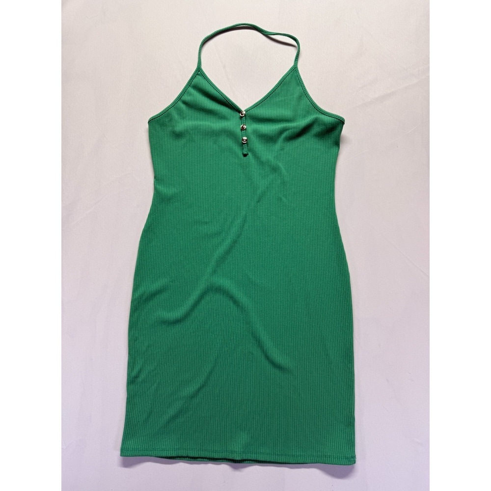 Liz & Sara Bodycon Mini Dress Womens Large Green Knit Ribbed Stretch Halter Neck